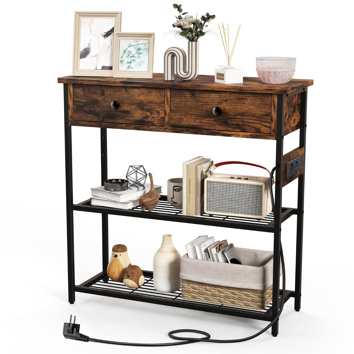 SureDeal® - Consoletafel - Konsolentafel - Oplaadstation - Lades Haltafel Entreetafel - USB - TypeC aansluitingen - 81x30x81 cm - Koffiebruin