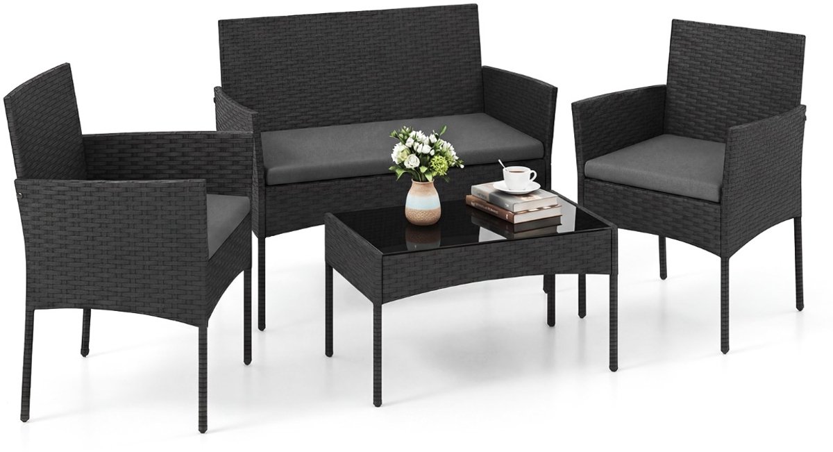 SureDeal® - Tuinset - Delige Balkonmeubelset - Fauteuil Tuintafel - Stoelen Rotan Tuinlounge - Zitkussens Terrasmeubels - 98x59,5x81 cm - Grijs