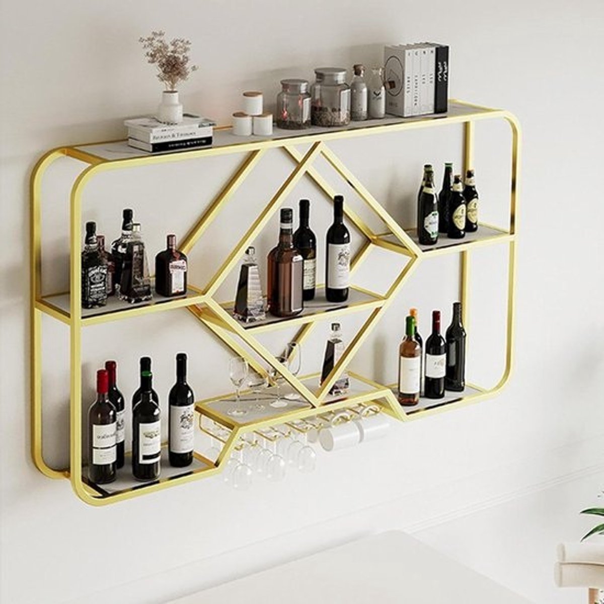 Wijnrek met Glazenhouder - Mini Bar Plank - Thuis Bar Inrichten - Massief Houten Plank - 120x80x15 cm - Goud