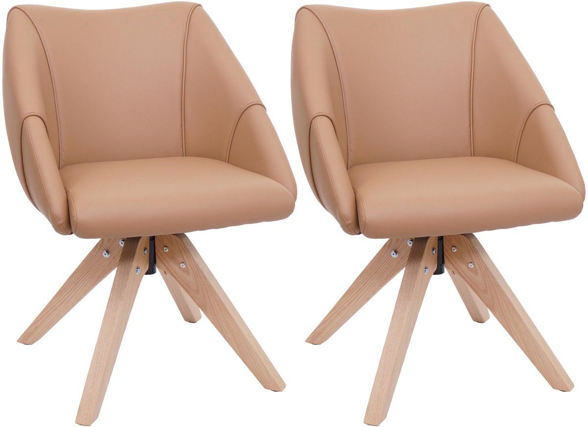 MCW Set van 2 eetkamerstoelen MCW-Q52, keukenstoel, draaistoel, gestoffeerde stoel, eettafelstoel, draaibaar, hout, kunstleer ~ lichtbruin
