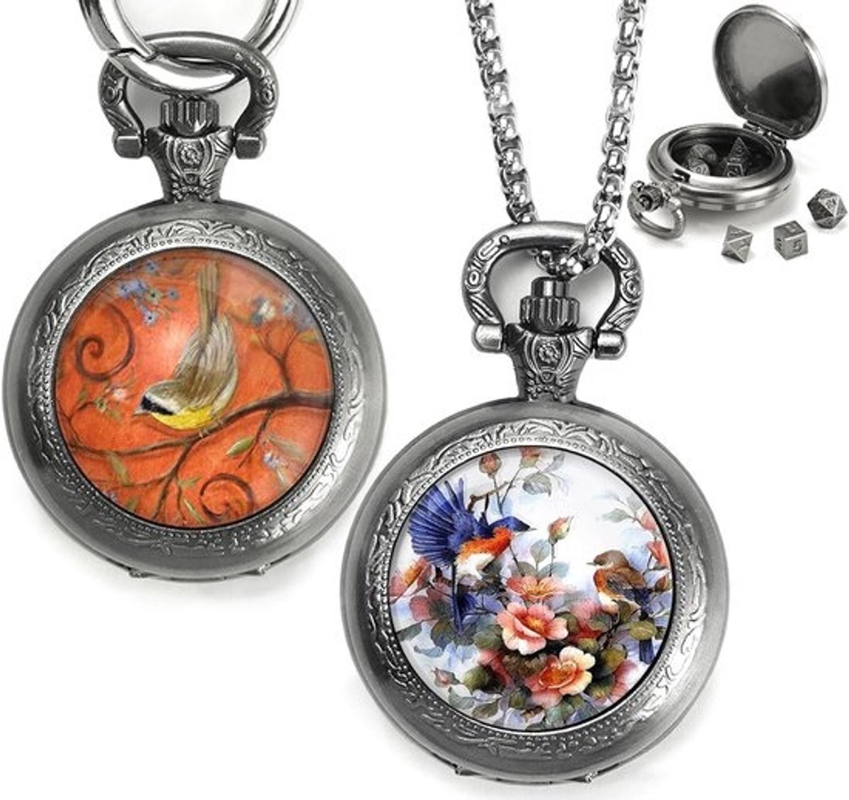 Mini Metal D&D Dobbelstenen Set met Ketting en Zakhorloge Houder - Compact en Draagbaar voor Rollenspellen