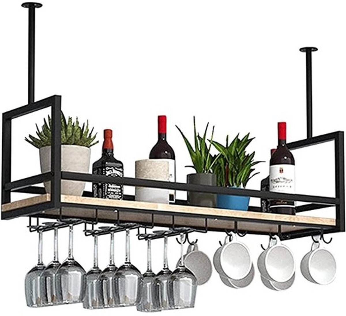 Hangende Opbergrekken voor Wijnglazen - Plafond Gelegen, IJzeren en Houten Wijnrekken - Ruimtebesparende Planken voor Keuken, Bar en Restaurant