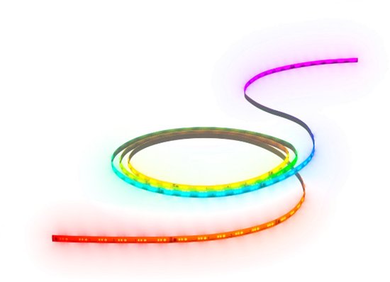 Een oprolbare LED-strip in verschillende kleuren, van rood en geel tot blauw en paars, met een zachte gloed op een witte achtergrond.