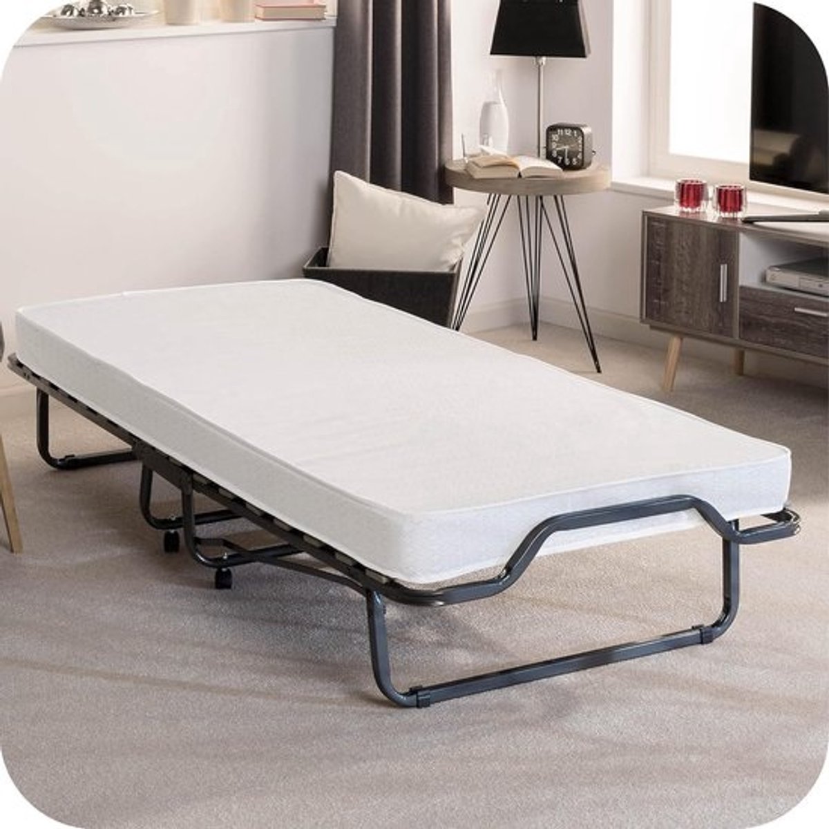 Opklapbaar Logeerbed 90 x 200 cm met Dikke Matras en Stabiel Stalen Frame