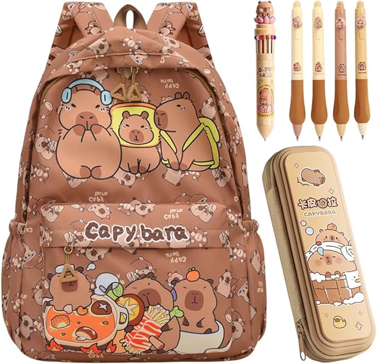 Capybara Rugzak voor kinderen, Capybara waterdichte rugzak, basisschool, schrijfwarenset met pennenetui, sleutelhanger, stickers, insignia, schooltassen, cartoon, kleuterschool, D, 31x25x11 cm