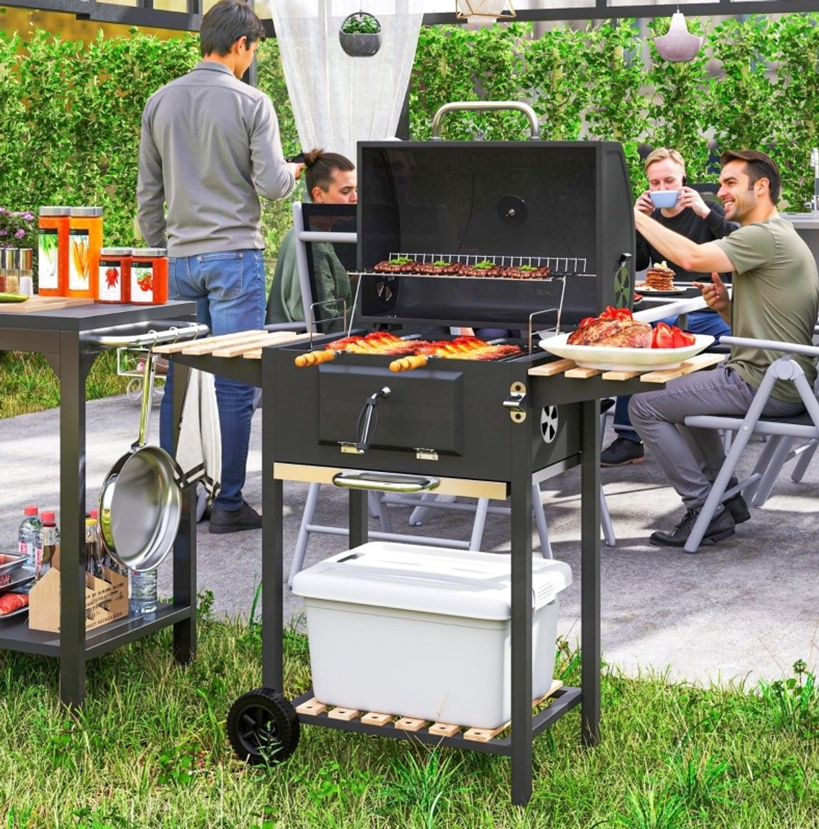 COVREO Grillwagen 112x58x107 cm zwart staal - met deksel en thermometer - verstelbare kolenbak