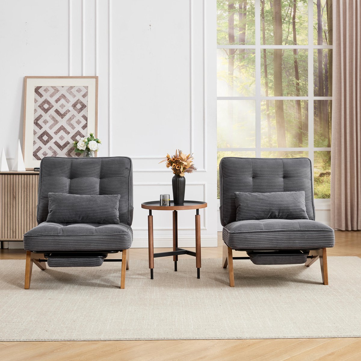 REDOM - Relaxfauteuil - Verstelbare rugleuning - Uitklapbare voetensteun - Lendenkussen - Corduroy - Woonkamer slaapkamer studeerkamer - Hout - Donkergrijs - 127 x 73 x 90 cm