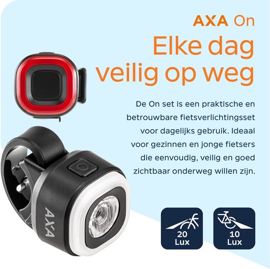 AXA On USB fietsverlichting set – Oplaadbare koplamp en achterlicht – 30 lux koplamp – Geschikt voor dagelijks gebruik — afbeelding 4