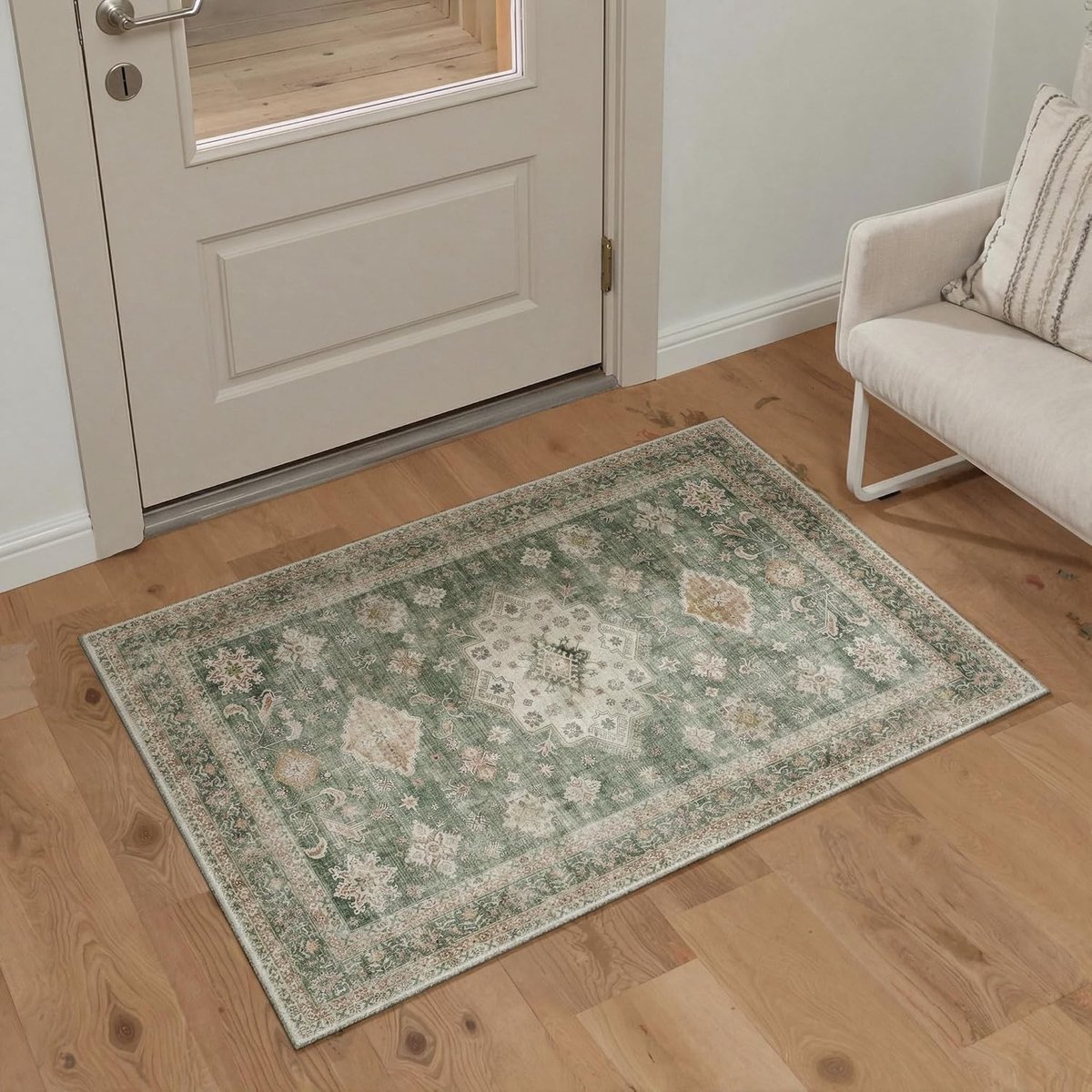Wasbaar vintage boho-tapijt voor woonkamer en slaapkamer, antislip groot oosters design, mosgroen 60 x 90 cm, geschikt voor badkamer en eetkamer