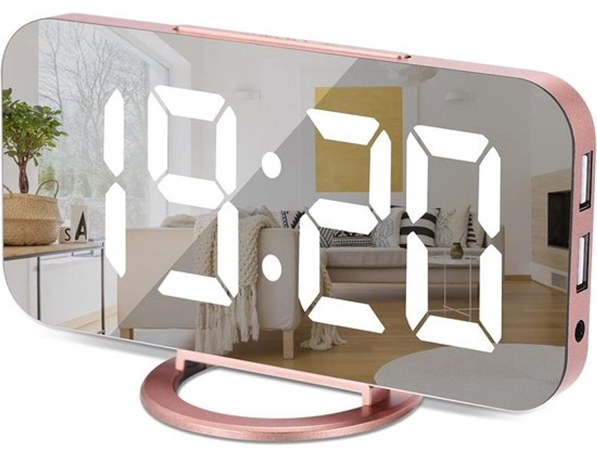 Digitale wekker groot display 6,5 inch LED spiegel 3 helderheidsniveaus automatische dimmer 2 USB poorten moderne decoratie voor thuis en kantoor - rose goud