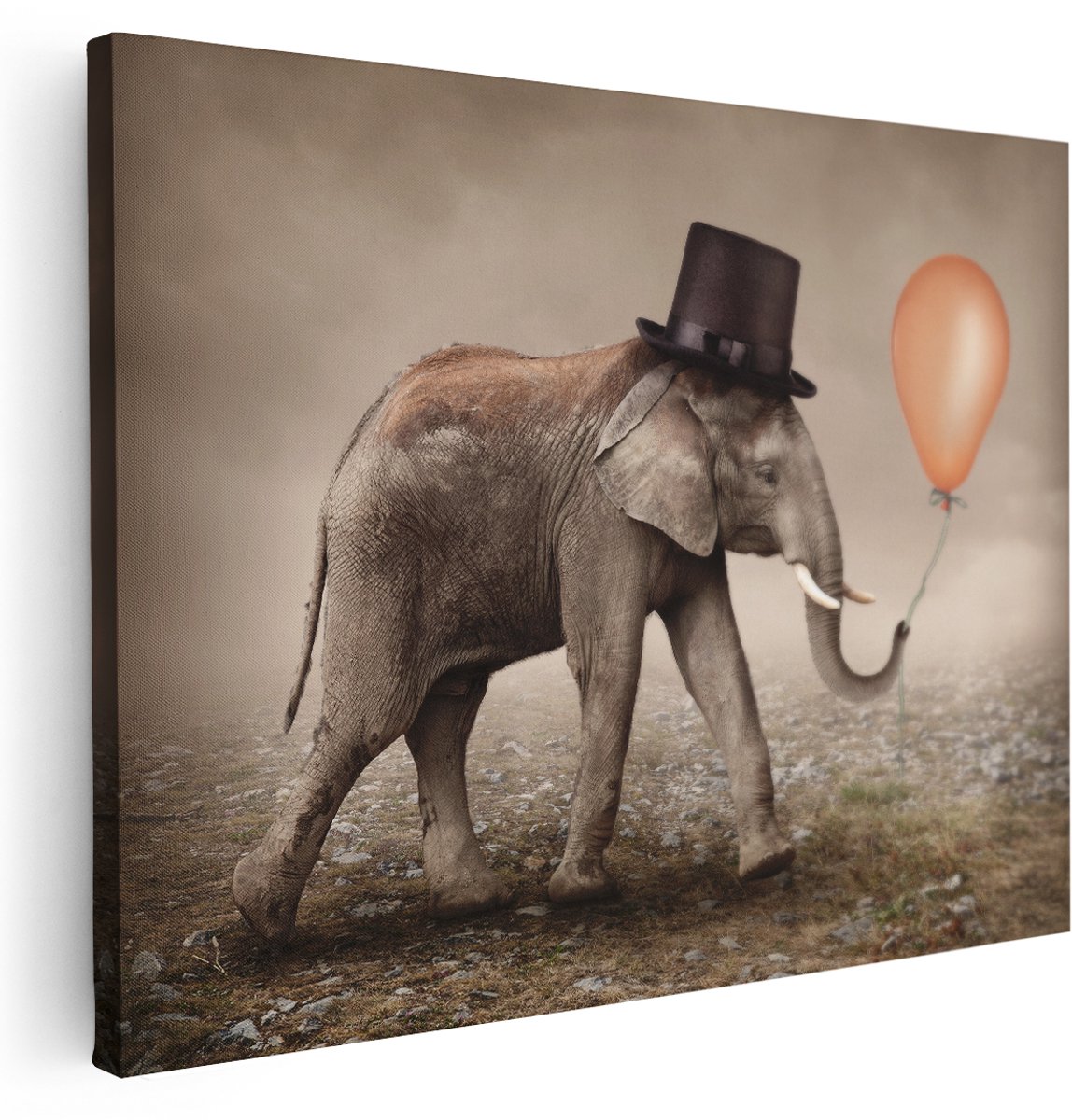 Artaza Canvas Schilderij Olifant Met Een Oranje Ballon - Hoedje - 160x120 cm - Groot - Wanddecoratie Woonkamer - Schilderijen - Muurdecoratie