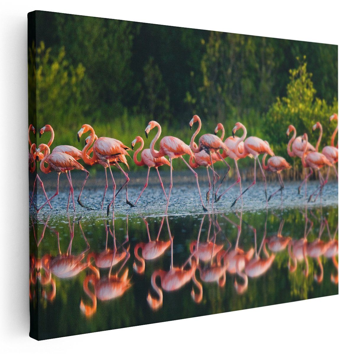 Artaza Canvas Schilderij Kudde Flamingo's op het Water - 160x120 cm - Groot - Wanddecoratie Woonkamer - Schilderijen - Muurdecoratie