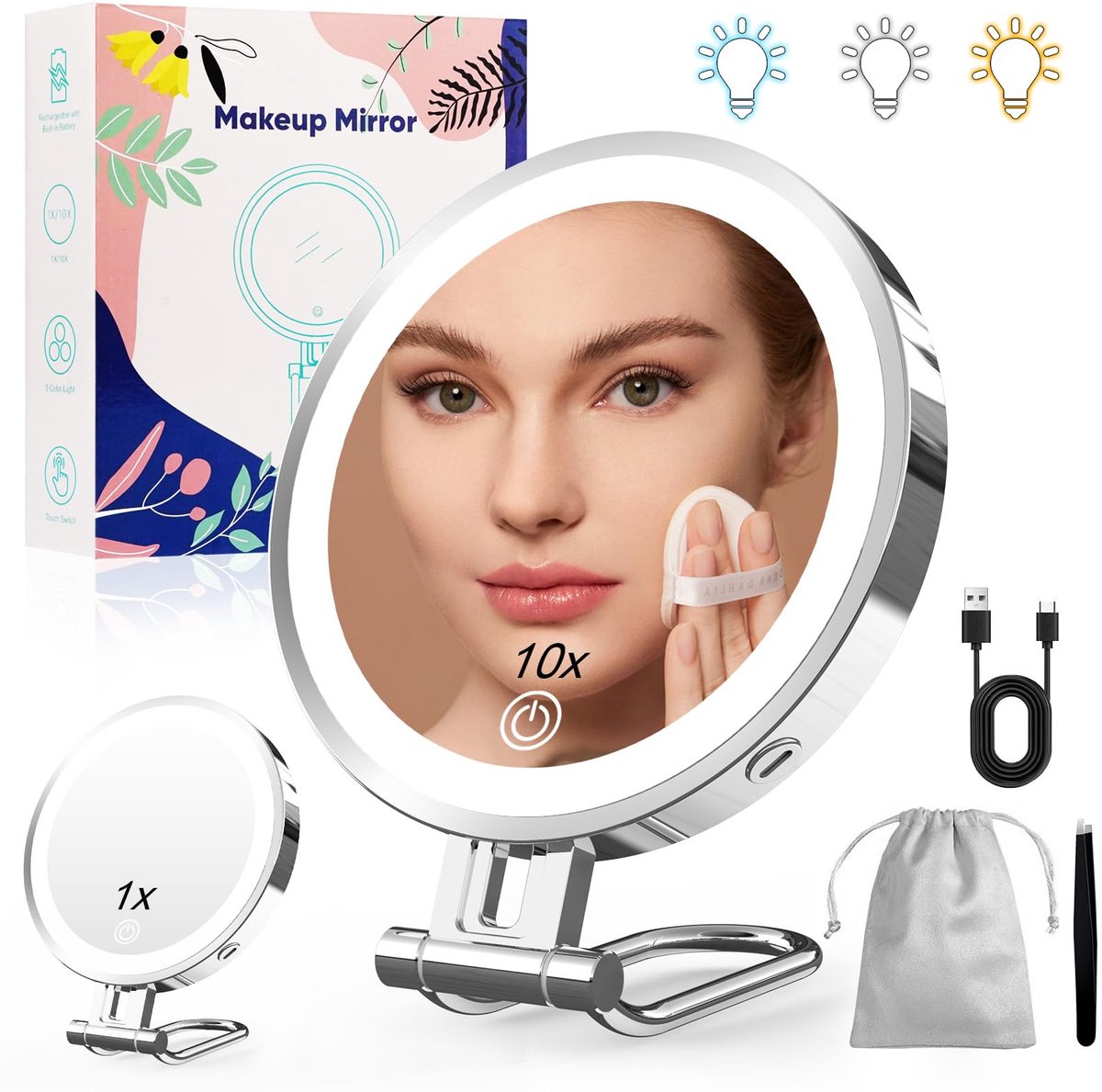 Verlichte Make-up Spiegel - Met 1X/10X Vergroting, 3 Kleuren Licht en 20%-100% Instelbare Helderheid - Reissspiegel met 3000mAh Batterij en Metalen Behuizing