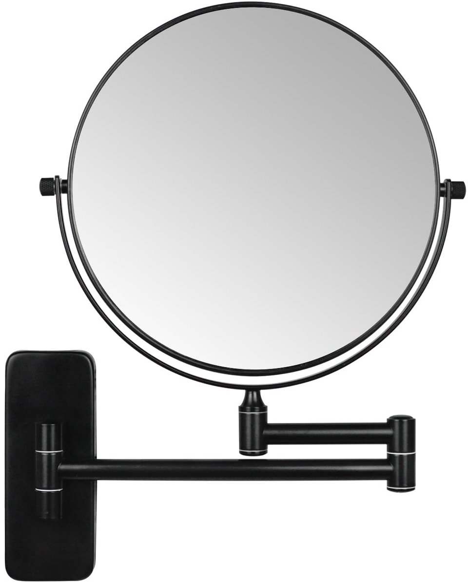 Wand Make-up Spiegel - Met 5x Vergroting - Dubbelzijdig - Uitschuifbaar - 360° Draaibaar - Voor Badkamer - Zwart - Diameter 20 cm