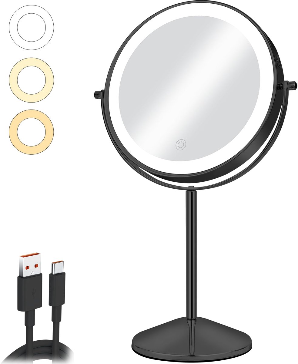 Oplaadbare Cosmeticaspiegel met Verlichting - 1X/10X Vergroting - 54 LED-lampjes - 3 Kleuren Verlichting - Instelbare Helderheid - 360° Draaibaar - Voor Make-up - Zwart