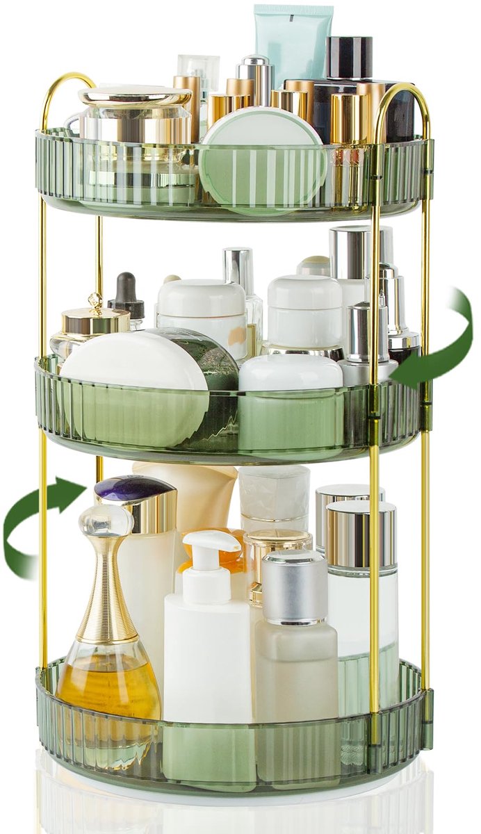 Make-up Organizer - Draaibaar 360 Graden - 3 Niveaus - Grote Capaciteit - Voor Cosmetica, Huidverzorging en Badkamer - Groen