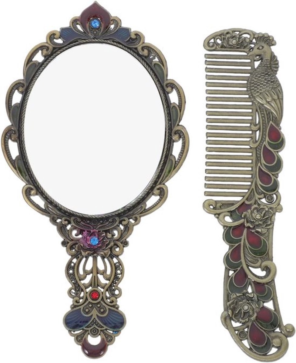 Vintage handspiegel met kam set - metalen glanzende spiegel met glas voor make-up en reizen