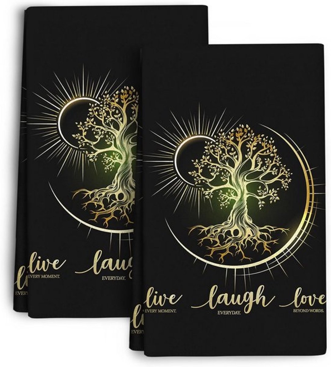 Set van 2 Keukentextiel: Keukendoeken en Afdroogdoeken met Gouden Boom Design - Absorberend en Decoratief