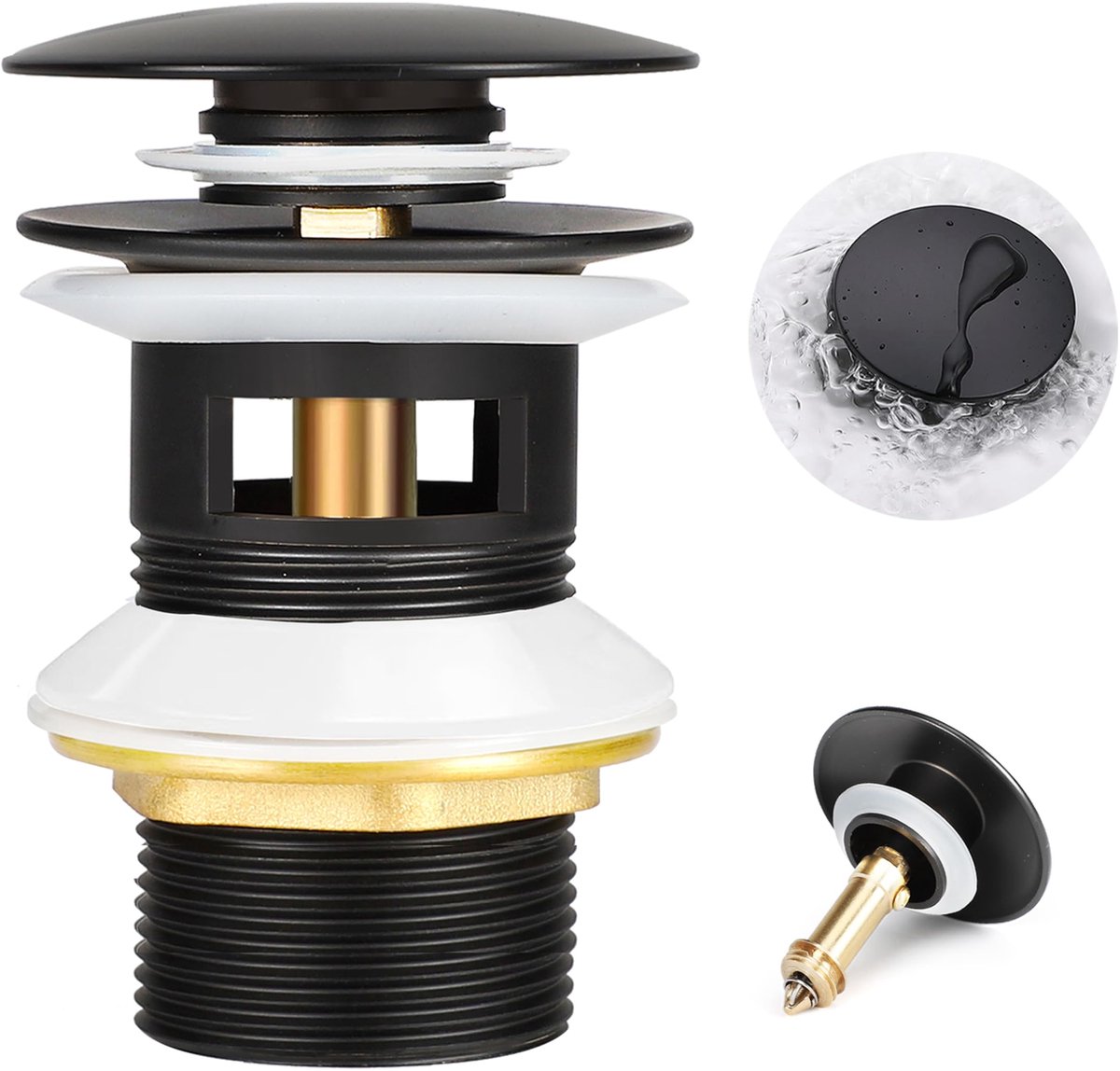 Afvoerplugset met pop-up ventiel - Universeel - Met overloop - Lekdicht - Voor wastafel en waskom - Mat zwart - 1 1/4 inch