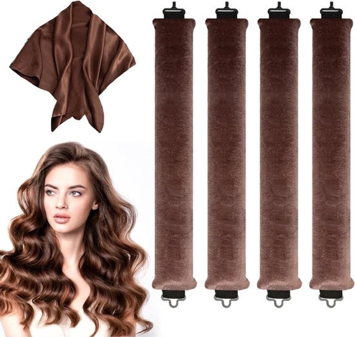 Allecto Plus - 5-delige set krulspelden voor 's nachts - Heatless curls - Zacht en comfortabel - Antislip golvende vormers - Geschikt voor lang en middelgroot haar - Bruin - Haarstyling accessoires