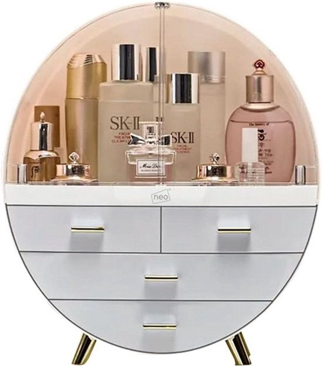Ronde Make-up Organizer met 3 Lades - Cosmetica Opbergkast in Gebroken Wit