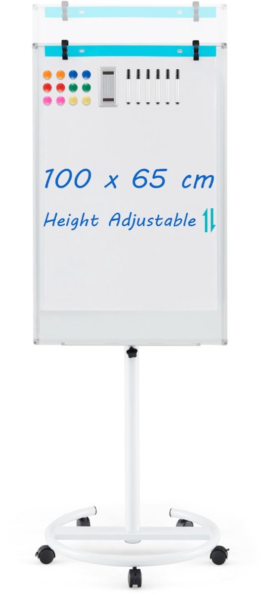 SureDeal® - Whiteboard - Mobiel Wieltjes Hoogte - Ronde Standaard Magneten - Gum Wit - 65x60x132 cm - Wit