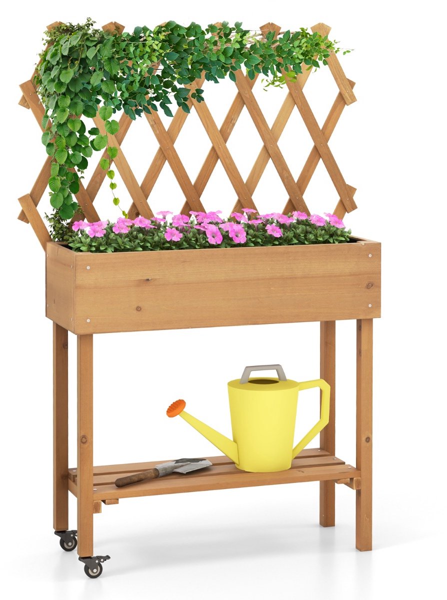 SureDeal® - Tuinier - Plantenbak - Houten Latwerk - Opbergrek Verhoogd Tuinbed - Afsluitbare Wielen Stoffen - 90x29x129 cm - Naturel