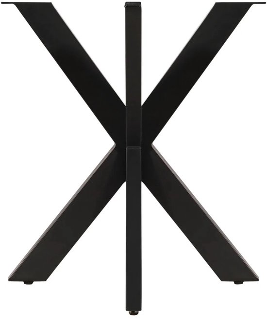Zwart stalen matrix onderstel voor tafel, met X-vormige poten en een rechte verticale staander.