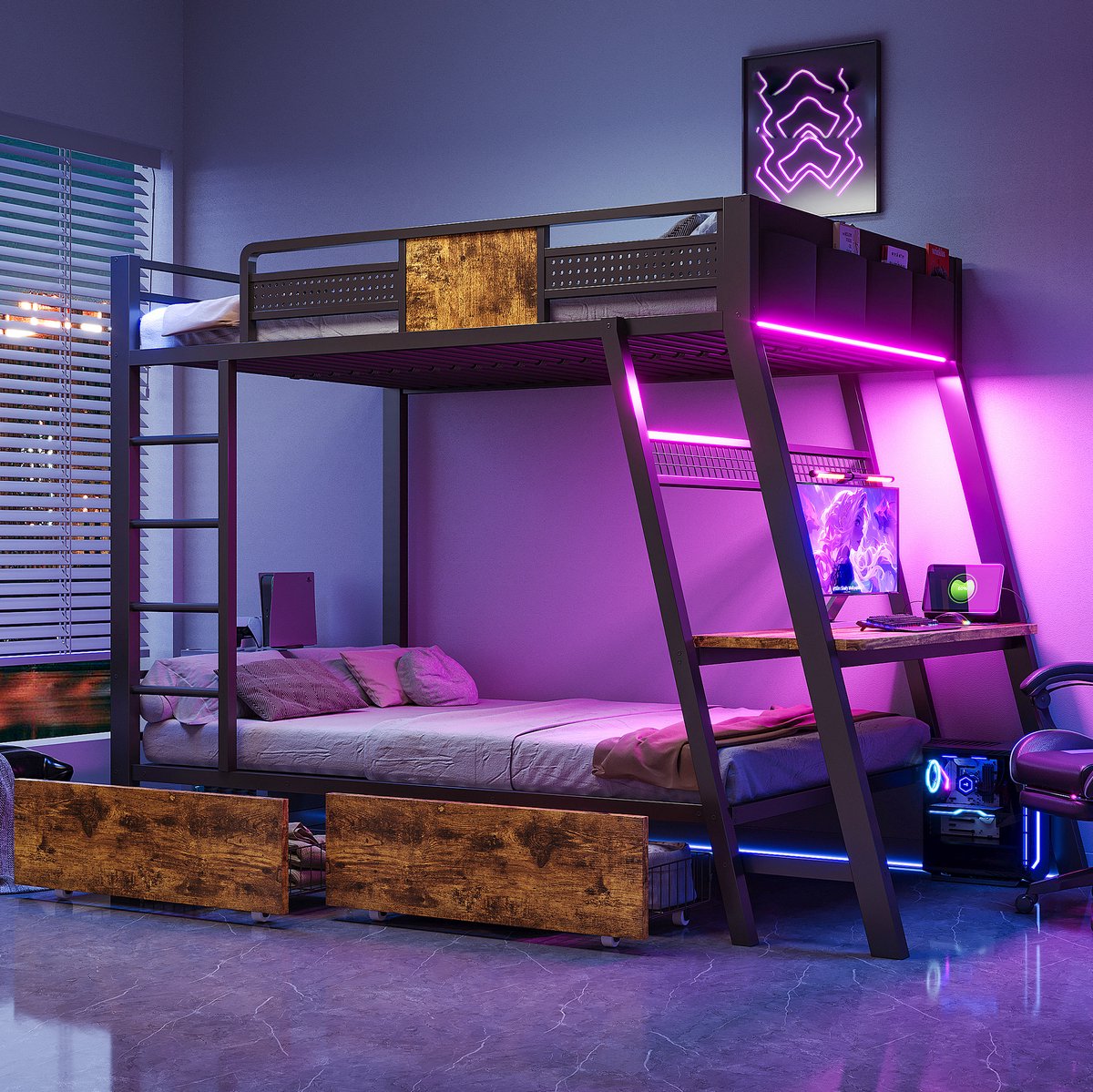 MODENUIT Stapelbed – 90 x 200 cm – Bureau met Stopcontacten en LED – MDF en Metaal – Zwart