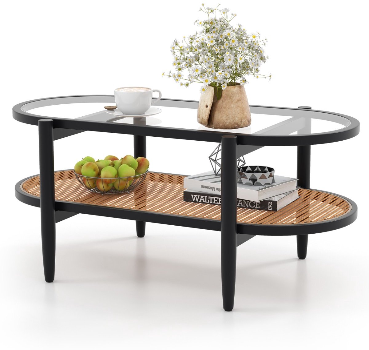 SureDeal® - Salontafel - Niveaus Woonkamertafel Massief - Glazen Blad - Rotan Legplank - 102x56x47 cm - Donkerbruin
