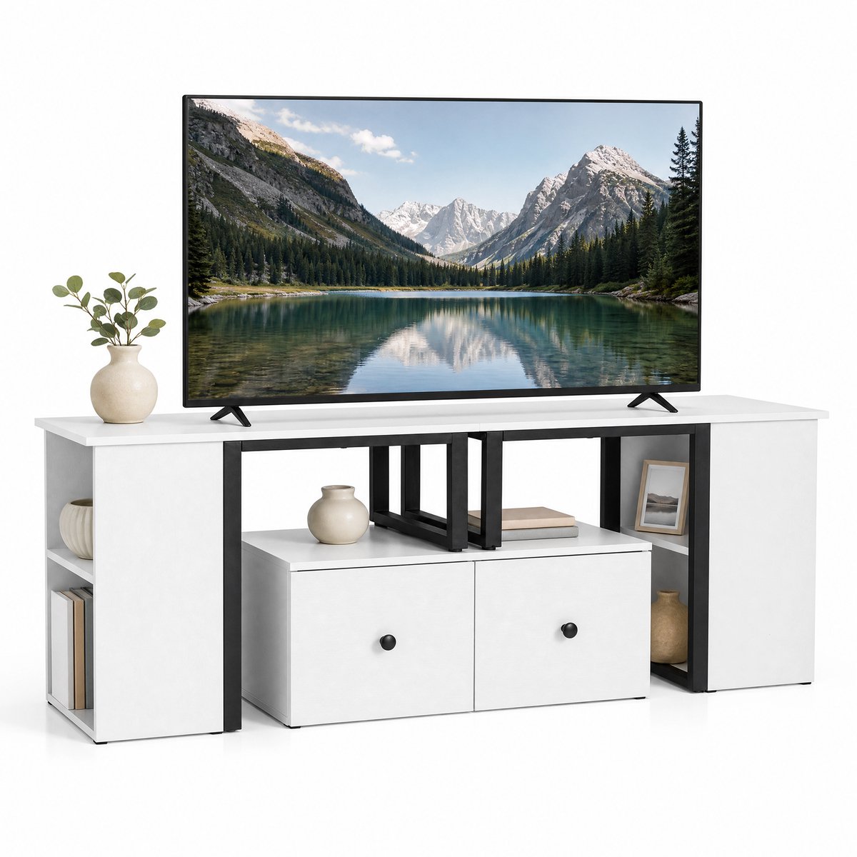 SureDeal® - TV Meubel - Kast Hout Lowboard - Grote Lades - Open Zijvakken Moderne - Opbergruimte - 140x30x50 cm - Wit