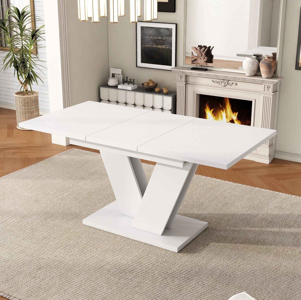 Wishdor Eettafelset - Uitschuifbaar met 6 stoelen - V-poot en 360° draaistoelen - Modern - Eetkamer woonkamer vergaderruimte - Hout en fluweel - Wit - 160 x 80 x 75,5 cm
