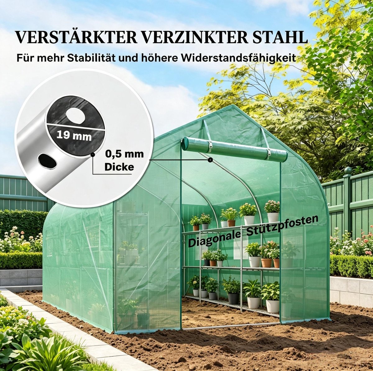 Kweektunnel Met Planken – 198 X 293 X 194 Cm – Verzinkt Staal En PE – Groen – Met 6 Ramen, Roldeur En Twee Niveaus Voor Tuinplanten