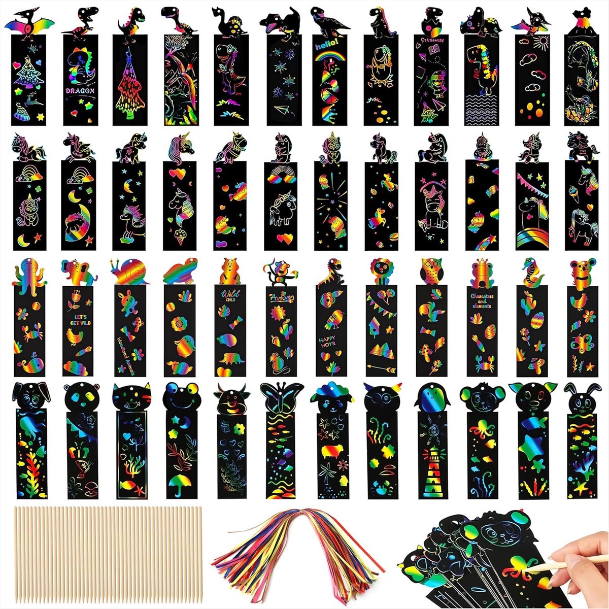 Regenboog Dierenkrabber Bladwijzers - 48 Stuks Kraspapier met Kleurrijke Touwen en Houten Stiften voor Creatieve Knutselprojecten en Feestdecoratie