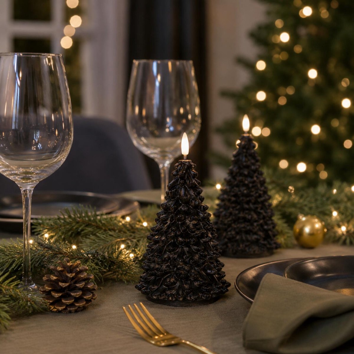 Anna's Collection LED kerstboom kaars - 2x - zwart - 20 cm - kerstkaars - kerstdiner kaarsen