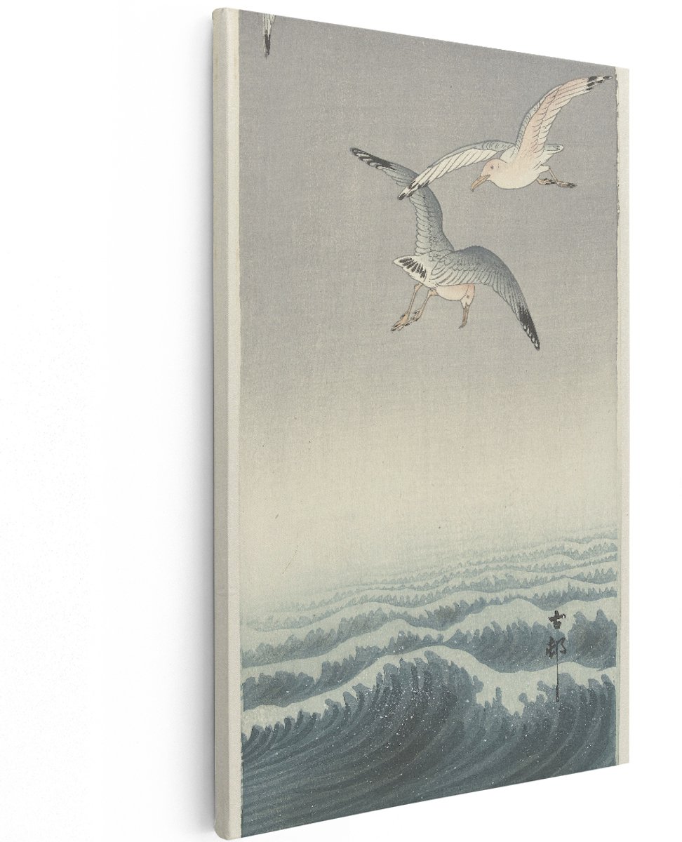 Artaza Canvas Schilderij Zeemeeuw - 120x180 cm - Groot - Wanddecoratie Vogels - Muurdecoratie Japanse Houtsnede - Decoratie Zee Golven