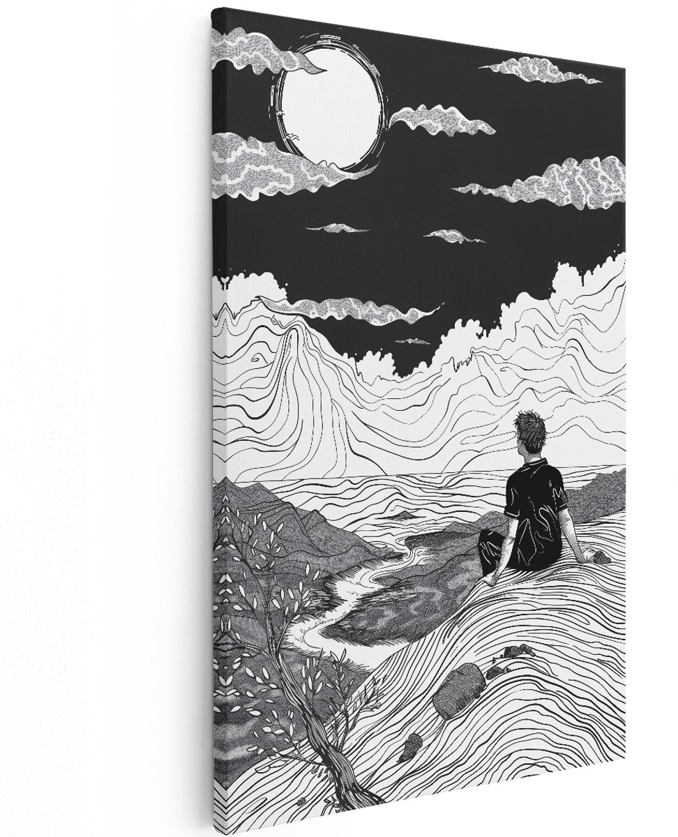 Artaza Canvas Schilderij Abstract Landschap - 120x180 cm - Groot - Wanddecoratie Zwart Wit - Muurdecoratie Line Art Maan - Schilderijen Op Canvas Natuur
