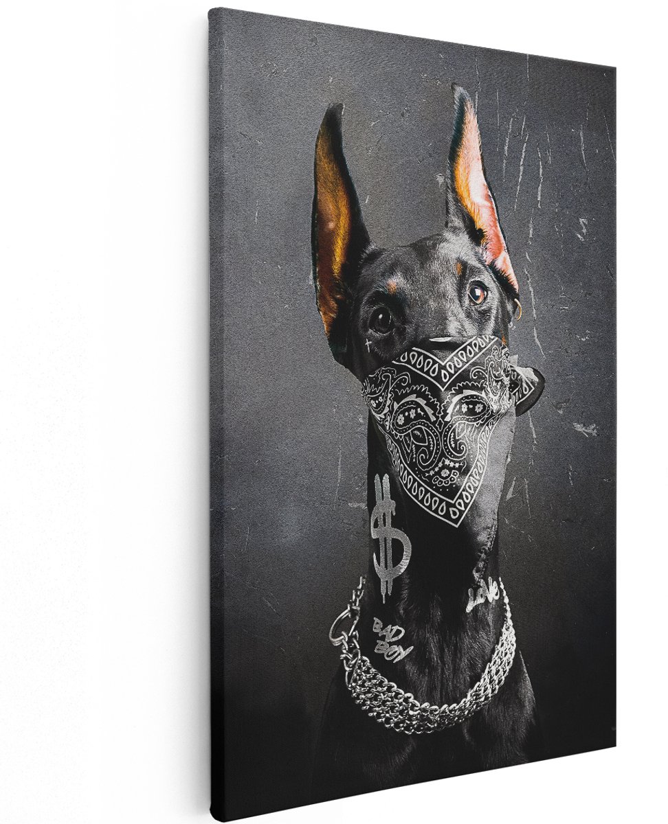 Artaza Canvas Schilderij Dobermann - 120x180 cm - Groot - Wanddecoratie Hond Bandana - Muurdecoratie Gangster - Decoratie Bad Boy Ketting