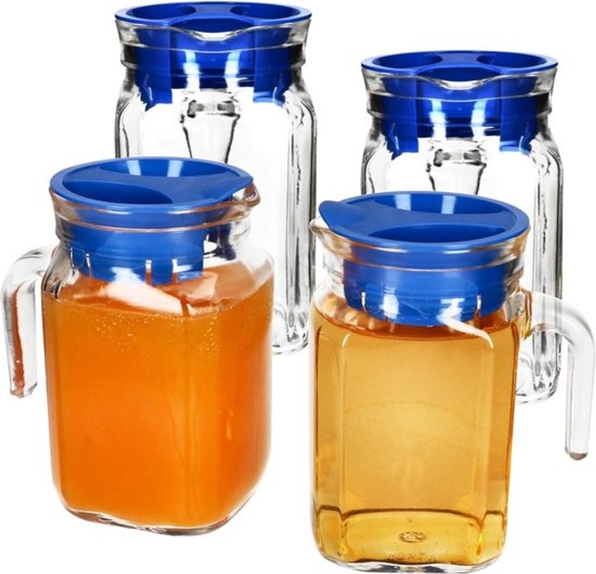 Koelkastkruik 0,5 liter set van 4 - vierkante glazen karaf met schenktuit en handvat - voor ijsthee, water, sap, melk