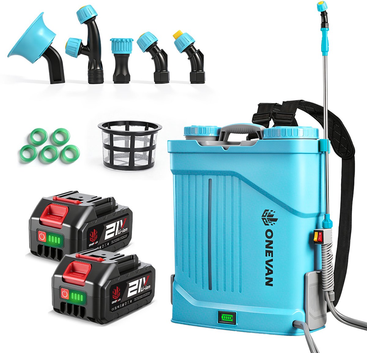ONEVAN Accu Drukspuit - Aangedreven Rugspuit - 8 Bar Drukspuit - 20 L - met 2x Accu's en 5 Sproeikoppen - voor Gazon, Onkruid & Terras
