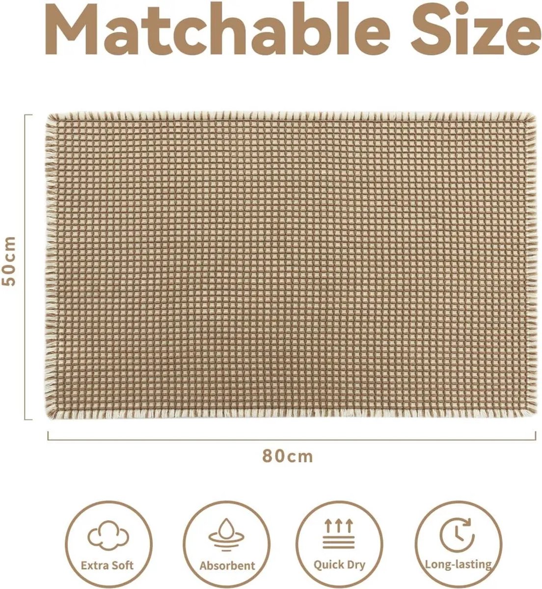 Tweekleurige badmat Geschikt voor wafelpatroon, 50x80 cm, superabsorberend, antislip, machinewasbaar (bruin/wit).