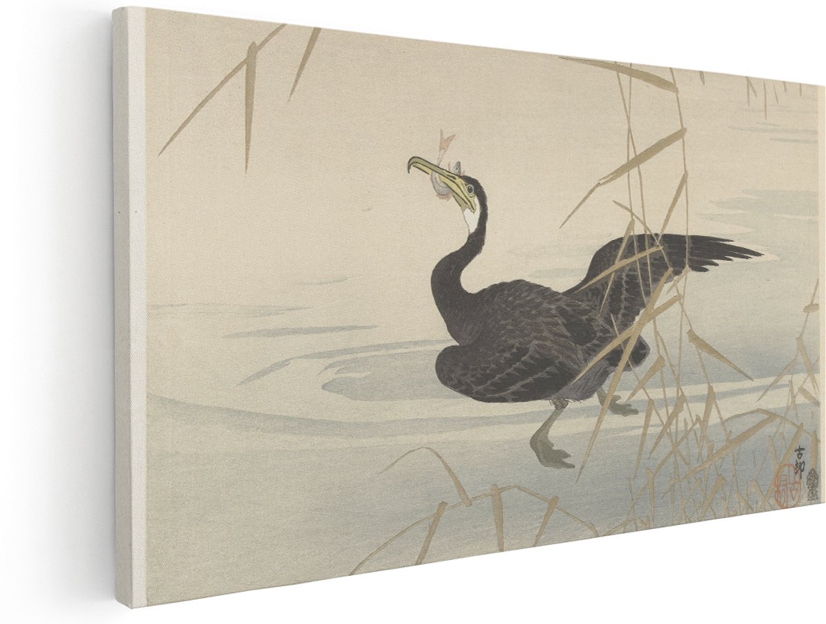 Artaza Canvas Schilderij Vogel Met Vis - 180x90 cm - Groot - Wanddecoratie Japanse Kunst - Muurdecoratie Dieren - Kamer Accessoires Natuur