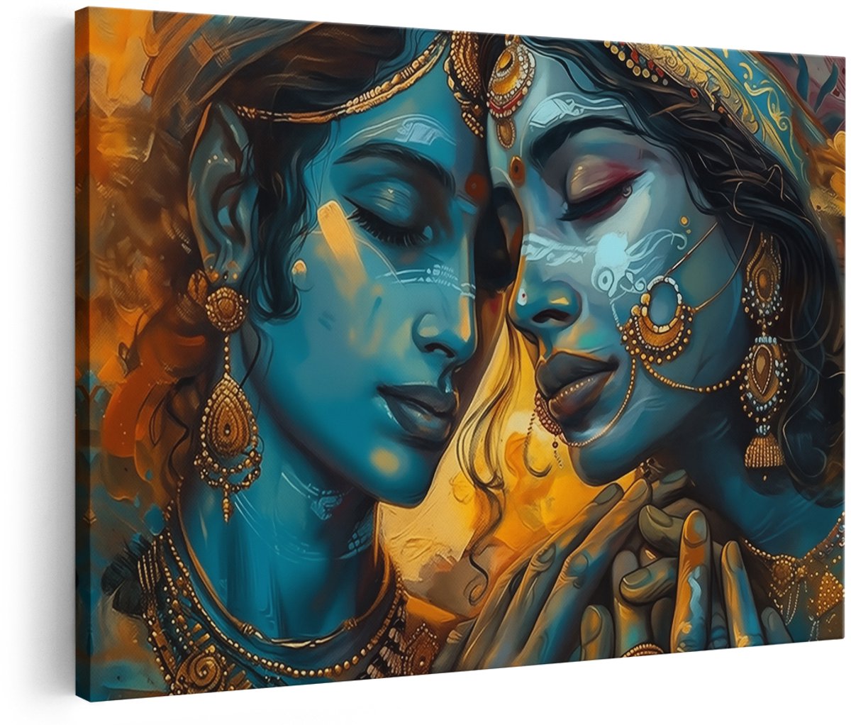 Artaza Canvas Schilderij Twee Indiase Vrouwen die Elkaar Kussen - 180x120 cm - Groot - Wanddecoratie Woonkamer - Schilderijen - Muurdecoratie