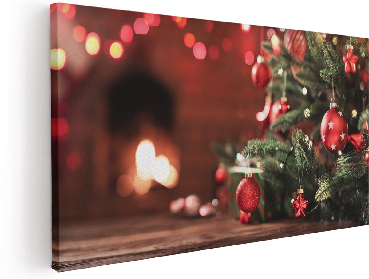 Artaza Canvas Schilderij Kerstboom Met Rode Lichtjes En Kerstballen - 180x90 cm - Groot - Wanddecoratie Woonkamer - Schilderijen - Muurdecoratie