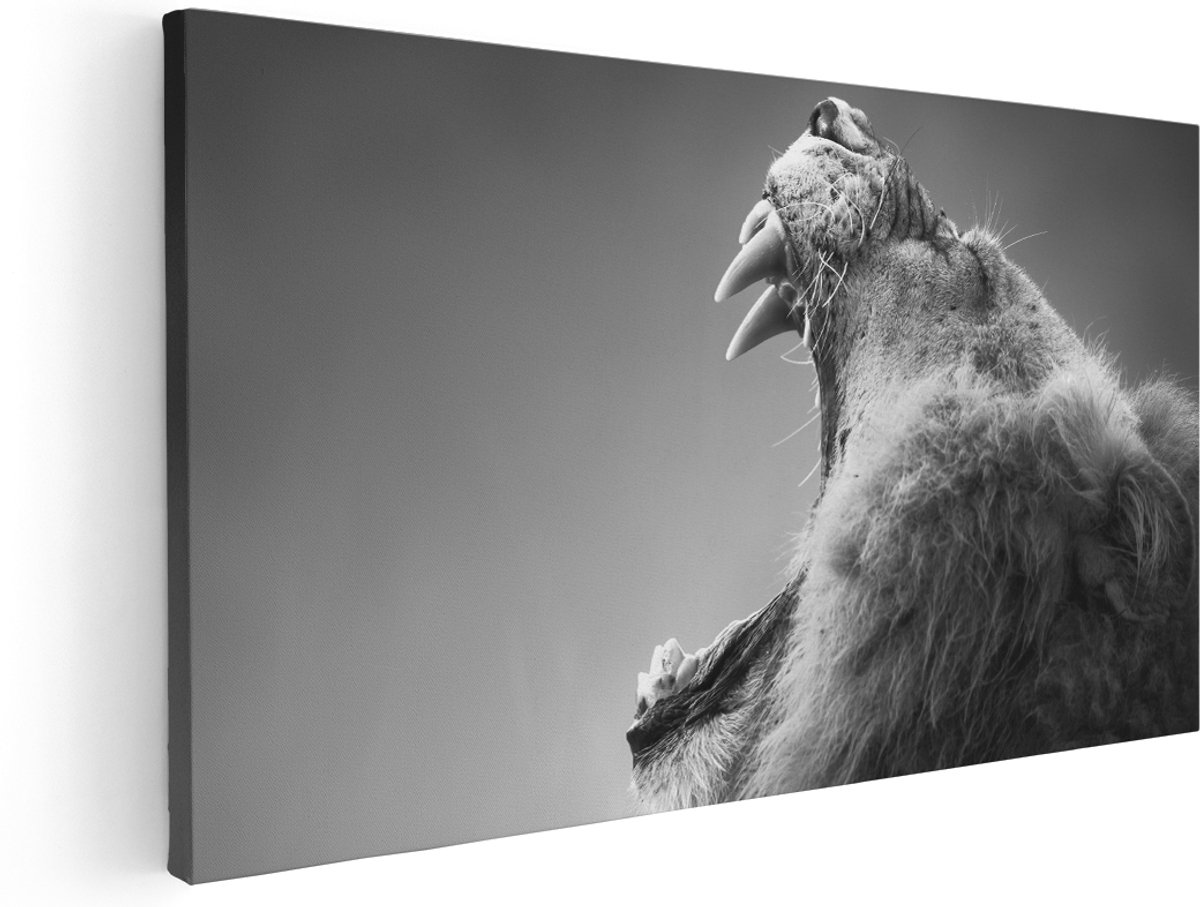 Artaza Canvas Schilderij Brullende Leeuw - Zwart Wit - 180x90 cm - Groot - Wanddecoratie Woonkamer - Schilderijen - Muurdecoratie