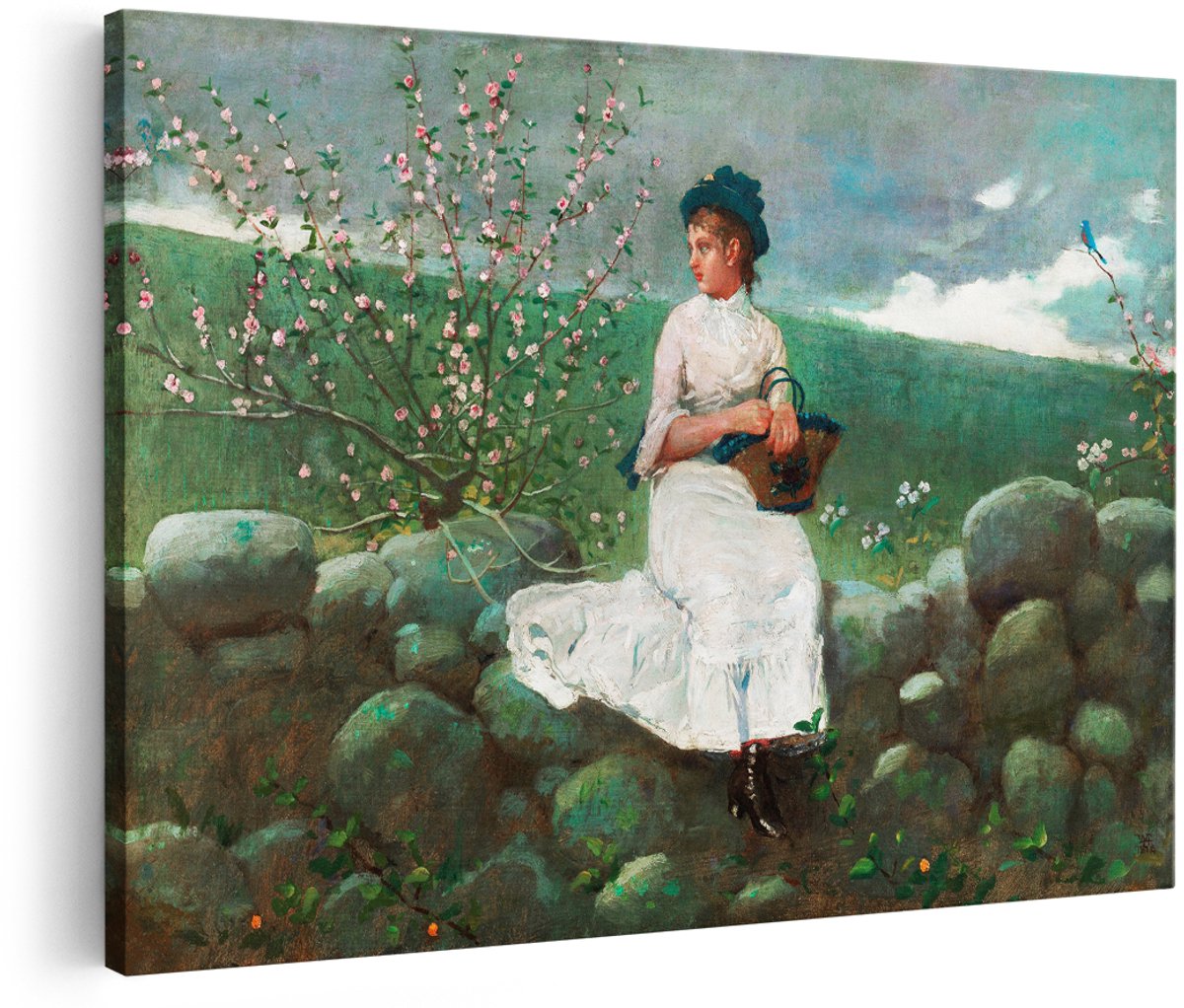 Artaza Canvas Schilderij Vrouw - 180x120 cm - Groot - Wanddecoratie Vintage Landschap - Muurdecoratie Bloesemboom - Schilderijen Natuur Lente