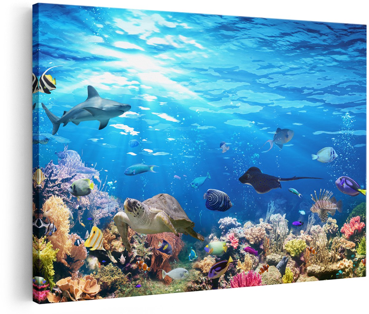 Artaza Canvas Schilderij Vissen met Koraalrif Onder Water - 180x120 cm - Groot - Wanddecoratie Woonkamer - Schilderijen - Muurdecoratie