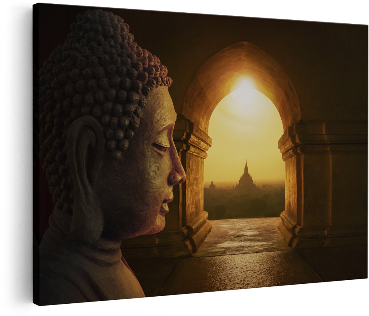 Artaza Canvas Schilderij Boeddha met Mooi Uitzicht - 180x120 cm - Groot - Wanddecoratie Woonkamer - Schilderijen - Muurdecoratie