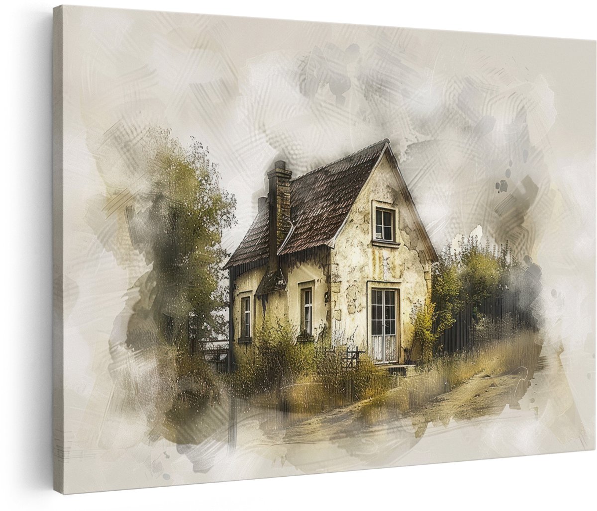 Artaza Canvas Schilderij Oud Huisje - 180x120 cm - Groot - Wanddecoratie Landelijk - Muurdecoratie Landschap - Decoratie Verweerde Gevel