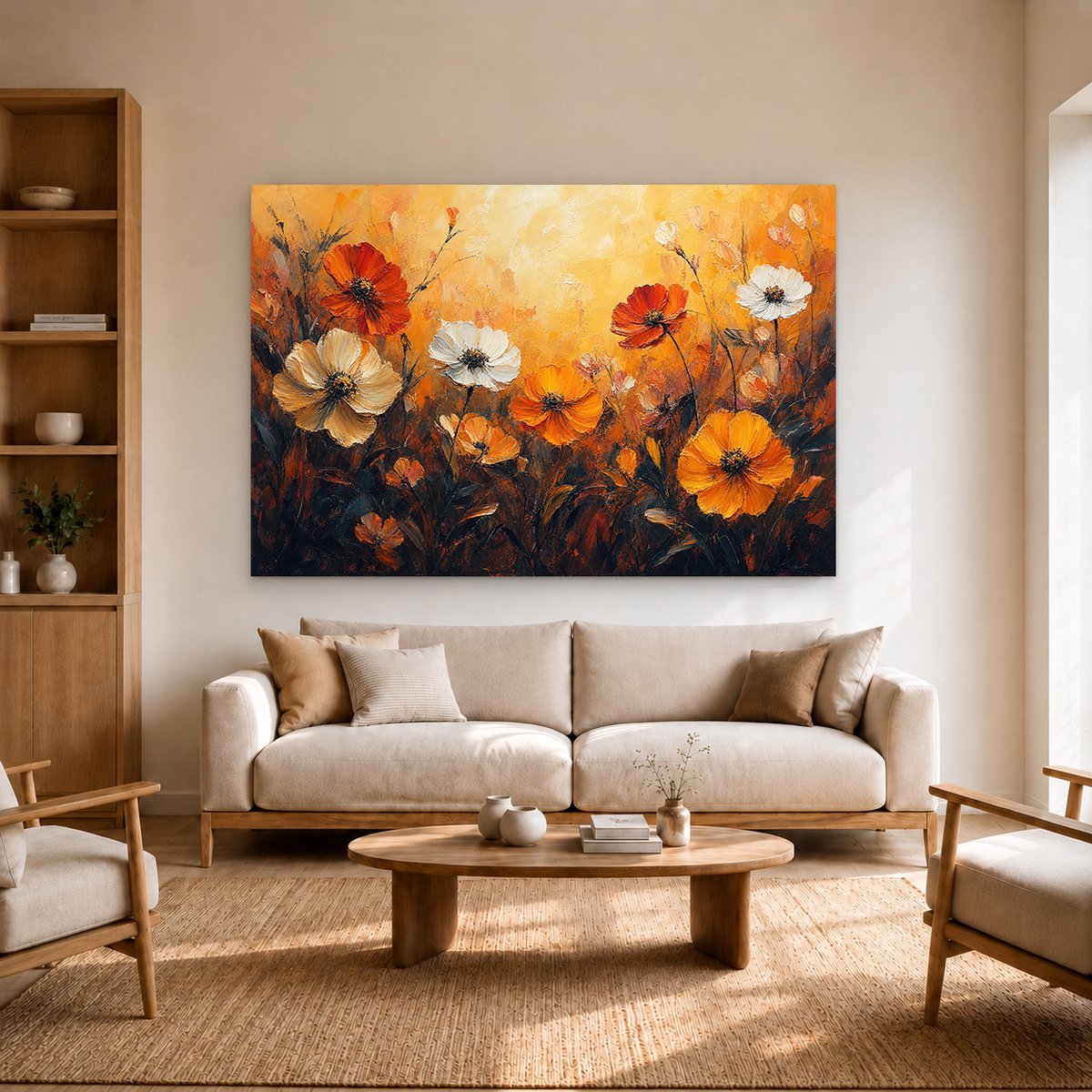 Artaza Canvas Schilderij Abstracte Bloemen - Herfsttinten in Oranje en Wit - 180x120 cm - Groot - Wanddecoratie Woonkamer - Schilderijen - Muurdecoratie